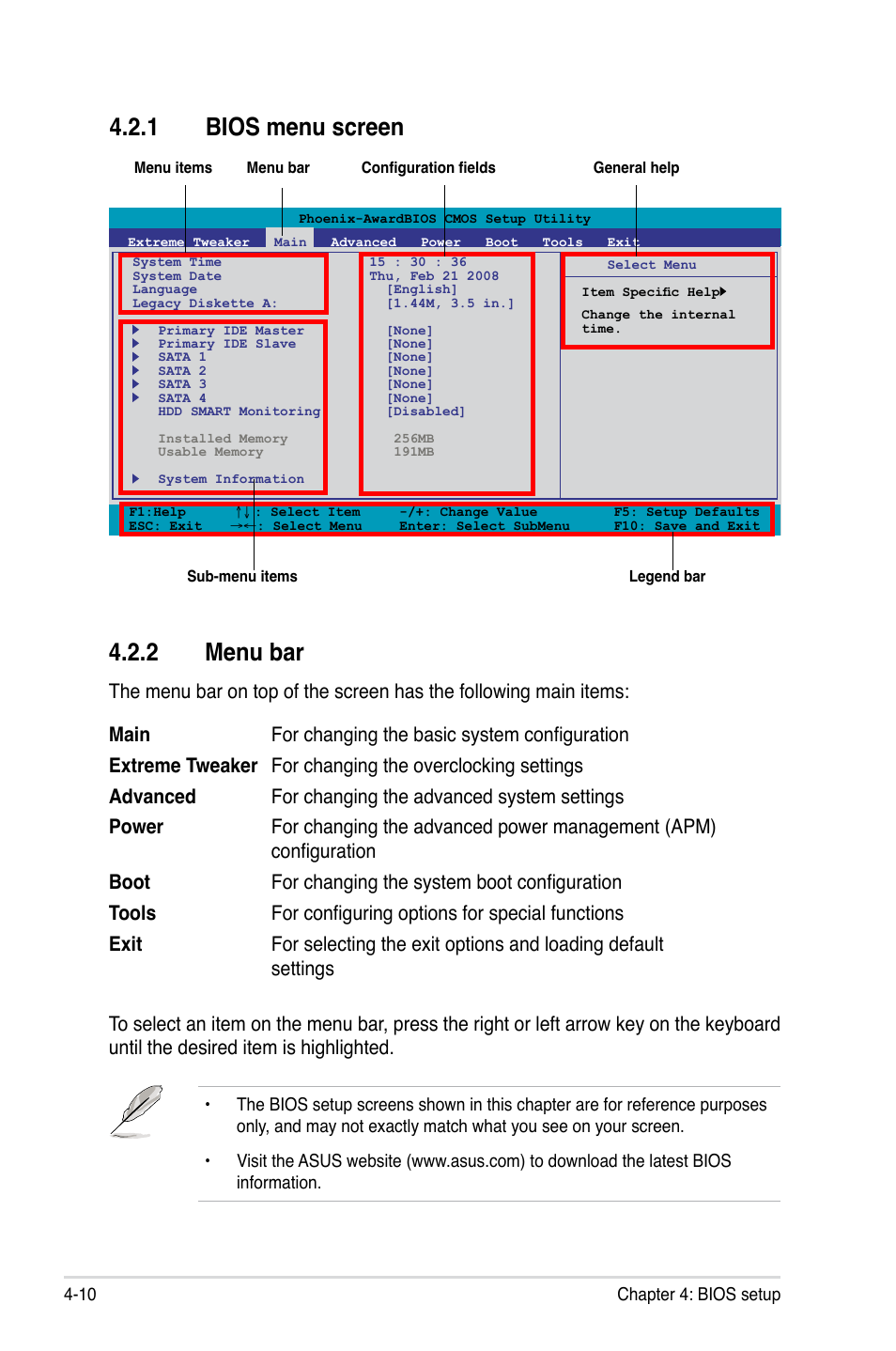 1 bios menu screen, 2 menu bar, Bios menu screen -10 | Menu bar -10 | Asus Crosshair II Formula User Manual | Page 82 / 186