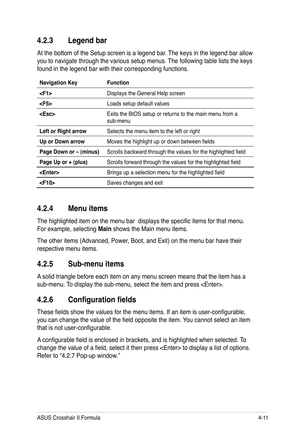 3 legend bar, 4 menu items, 5 sub-menu items | 6 configuration fields, Legend bar -11, Menu items -11, Sub-menu items -11, Configuration fields -11 | Asus Crosshair II Formula User Manual | Page 83 / 186