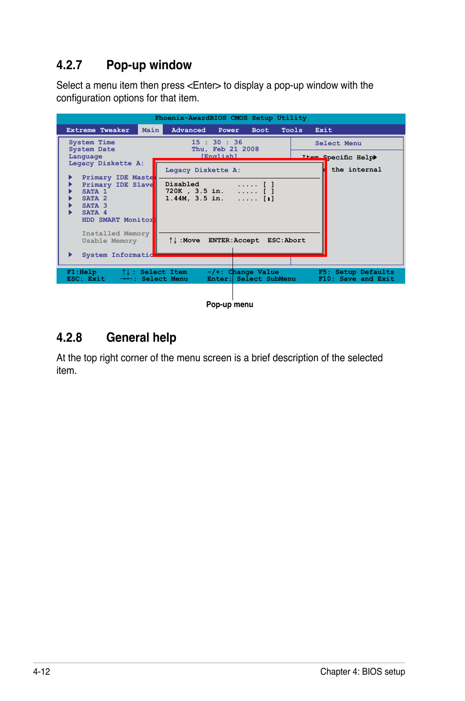 7 pop-up window, 8 general help, Pop-up window -12 | General help -12, 12 chapter 4: bios setup | Asus Crosshair II Formula User Manual | Page 84 / 186