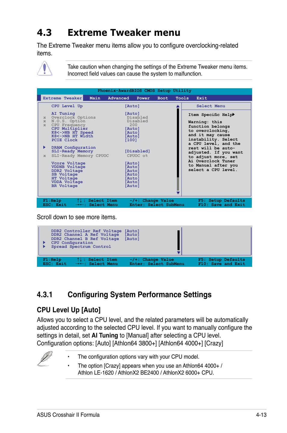 3 extreme tweaker menu, 1 configuring system performance settings, Extreme tweaker menu -13 4.3.1 | Configuring system performance settings -13, Cpu level up [auto, Scroll down to see more items, Asus crosshair ii formula 4-13 | Asus Crosshair II Formula User Manual | Page 85 / 186