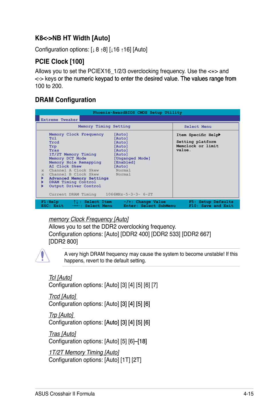 K8<->nb ht width [auto, Pcie clock [100, Dram configuration | Configuration options, 16�� �auto | Asus Crosshair II Formula User Manual | Page 87 / 186