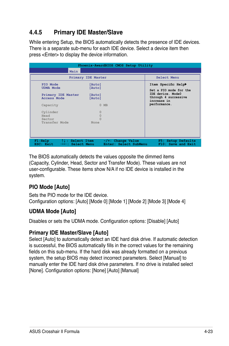 5 primary ide master/slave, Primary ide master/slave -23, Pio mode [auto | Udma mode [auto, Primary ide master/slave [auto | Asus Crosshair II Formula User Manual | Page 95 / 186