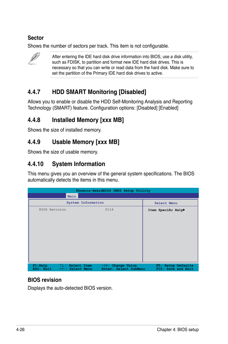 7 hdd smart monitoring [disabled, 8 installed memory [xxx mb, 9 usable memory [xxx mb | 10 system information, Hdd smart monitoring -26, Installed memory -26, Usable memory -26, 10 system information -26, Sector, Bios revision | Asus Crosshair II Formula User Manual | Page 98 / 186