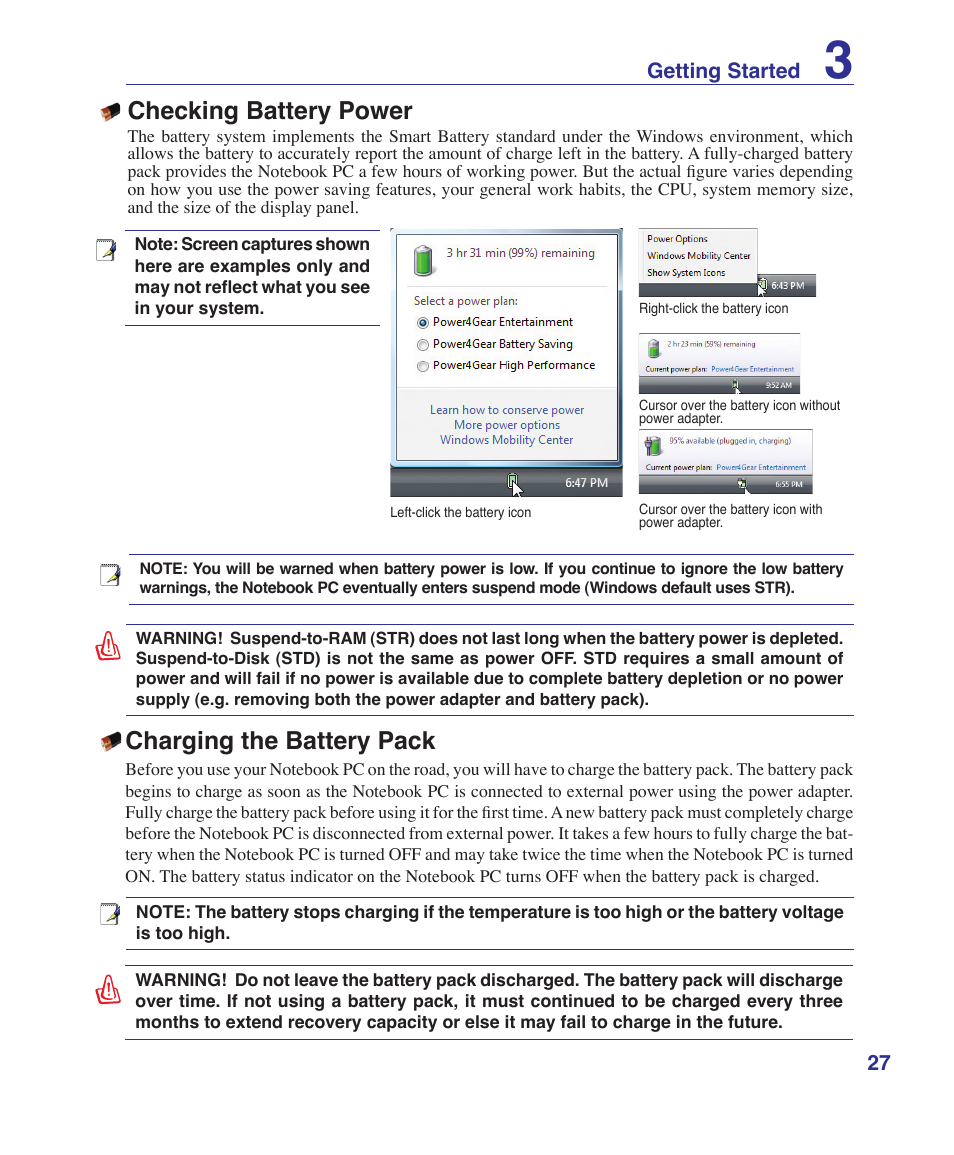 Checking battery power, Charging the battery pack | Asus W2W User Manual | Page 27 / 87