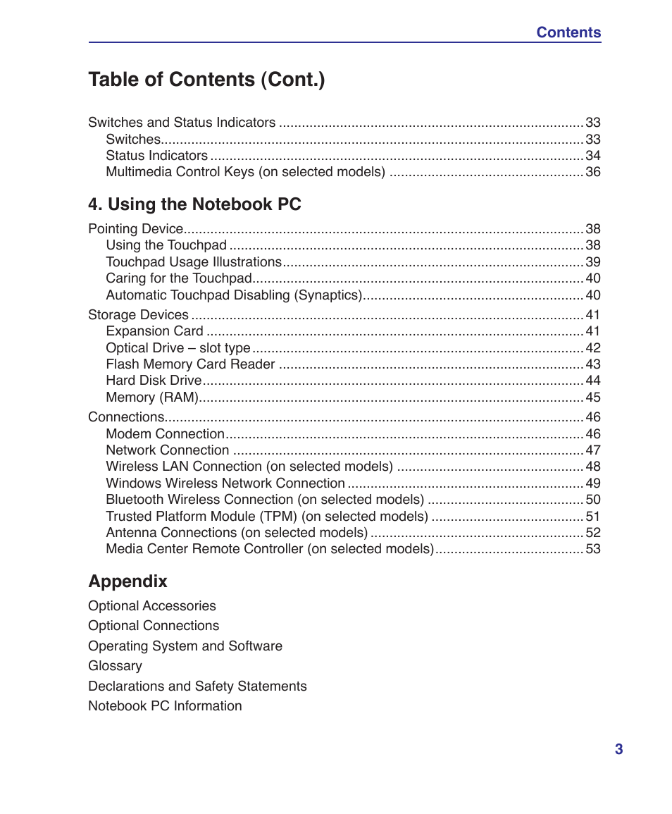 Table of contents (cont.), Appendix | Asus W2W User Manual | Page 3 / 87