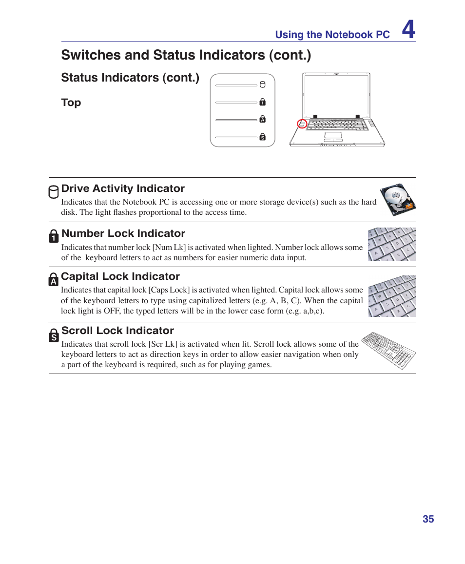 Switches and status indicators (cont.) | Asus W2W User Manual | Page 35 / 87