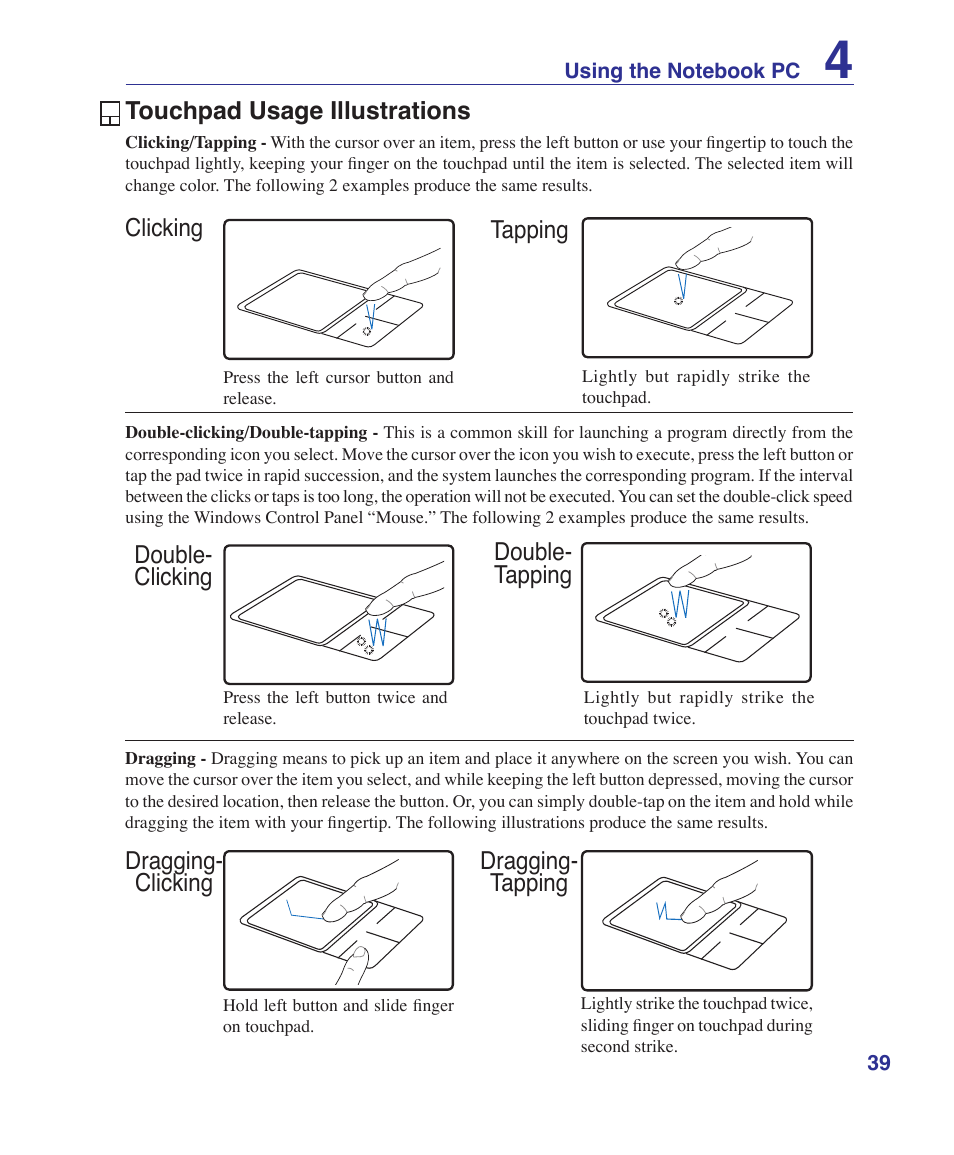 Touchpad usage illustrations, Dragging- clicking dragging- tapping | Asus W2W User Manual | Page 39 / 87