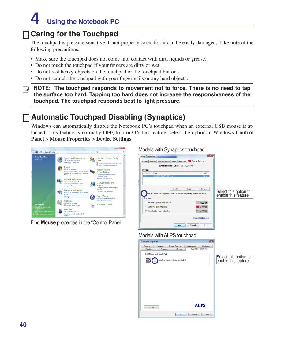 Caring for the touchpad, Automatic touchpad disabling (synaptics) | Asus W2W User Manual | Page 40 / 87