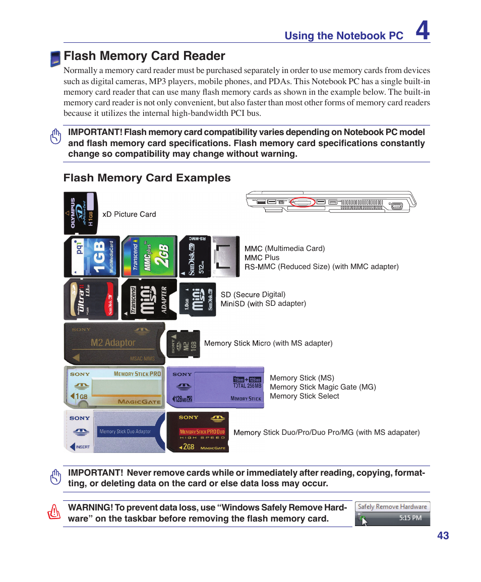 Flash memory card reader | Asus W2W User Manual | Page 43 / 87