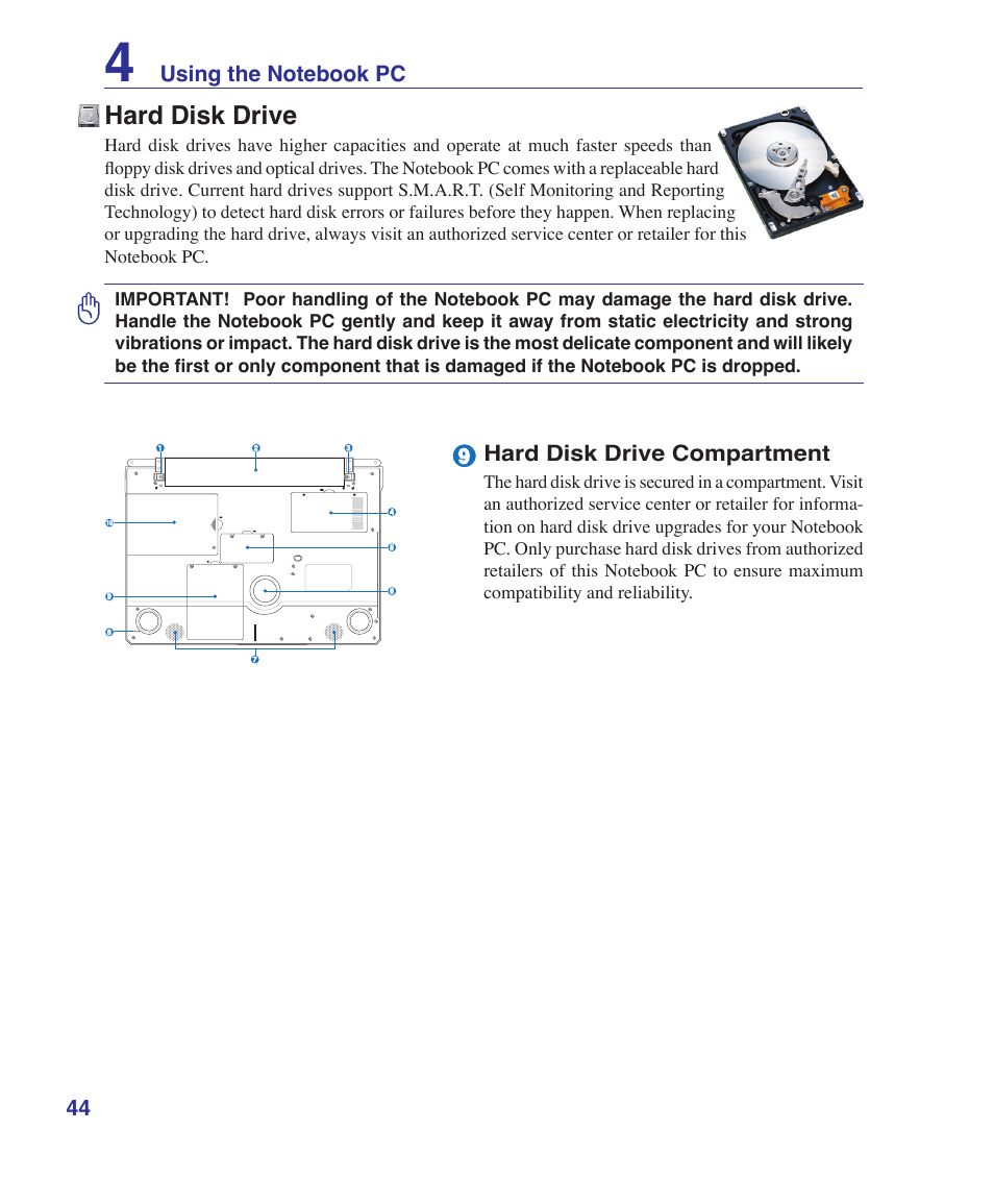 Hard disk drive, Hard disk drive compartment | Asus W2W User Manual | Page 44 / 87