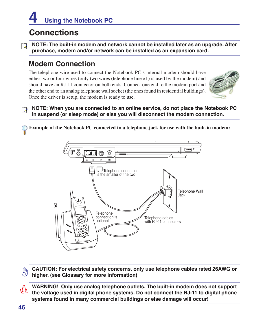 Connections, Modem connection | Asus W2W User Manual | Page 46 / 87