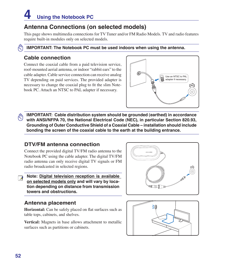 Antenna connections (on selected models) | Asus W2W User Manual | Page 52 / 87