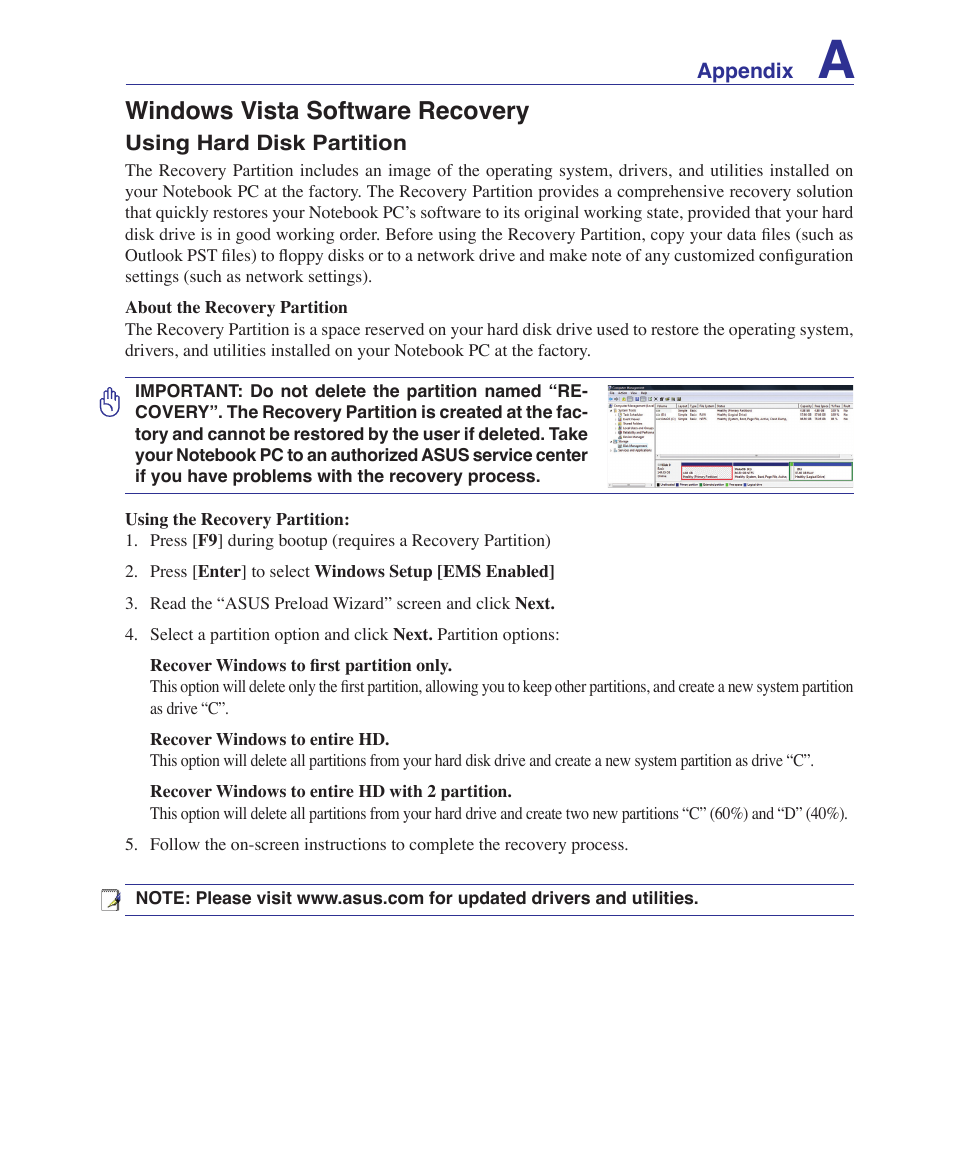 Windows vista software recovery | Asus W2W User Manual | Page 69 / 87