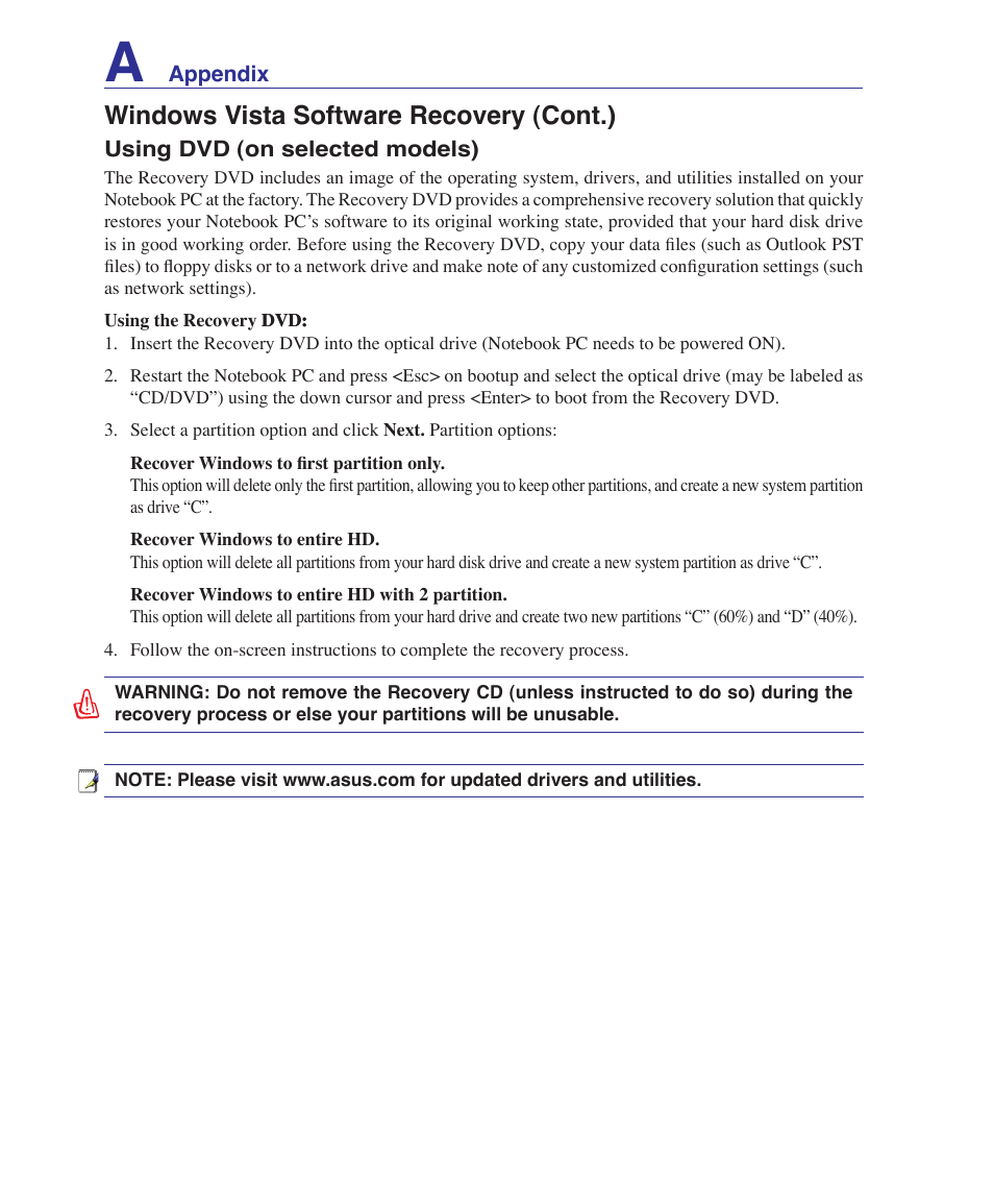 Windows vista software recovery (cont.) | Asus W2W User Manual | Page 70 / 87