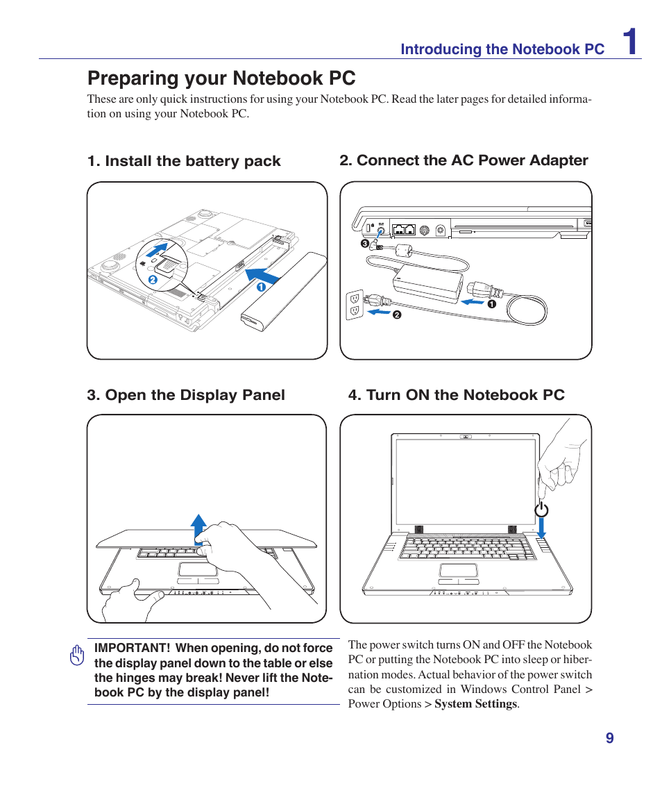 Preparing your notebook pc | Asus W2W User Manual | Page 9 / 87
