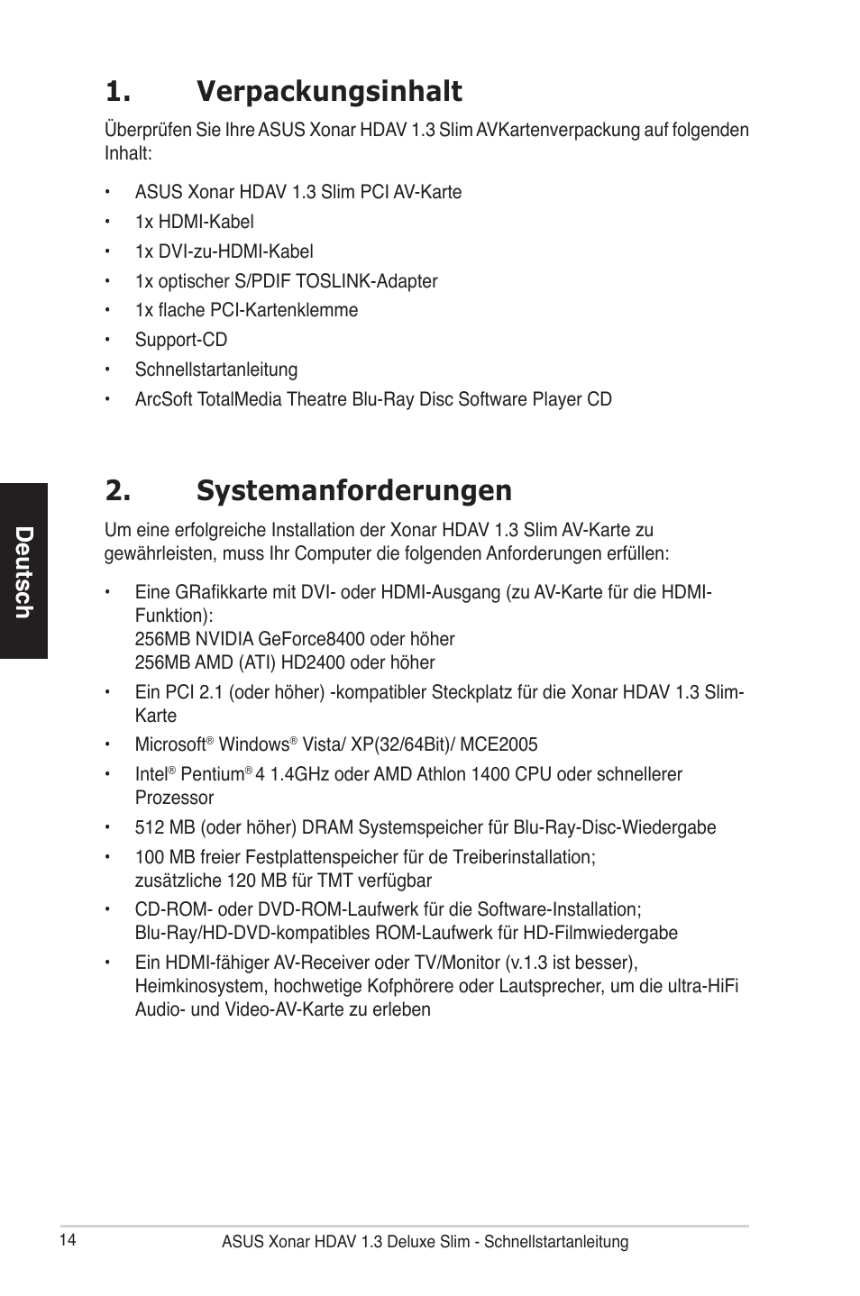 Verpackungsinhalt, Systemanforderungen, Deutsch | Asus Xonar HDAV1.3 Slim User Manual | Page 15 / 43