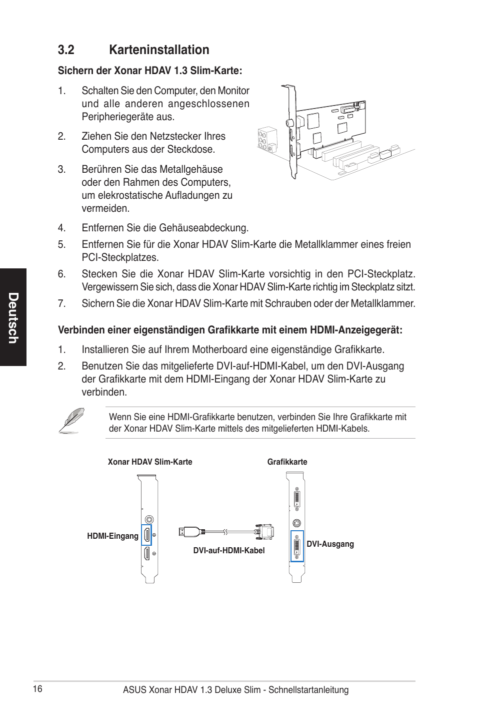 Deutsch 3.2 karteninstallation | Asus Xonar HDAV1.3 Slim User Manual | Page 17 / 43