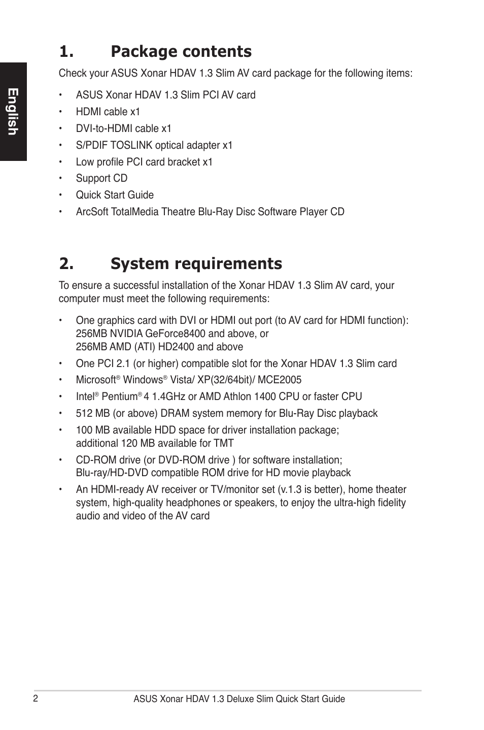 Package contents, System requirements, English | Asus Xonar HDAV1.3 Slim User Manual | Page 3 / 43
