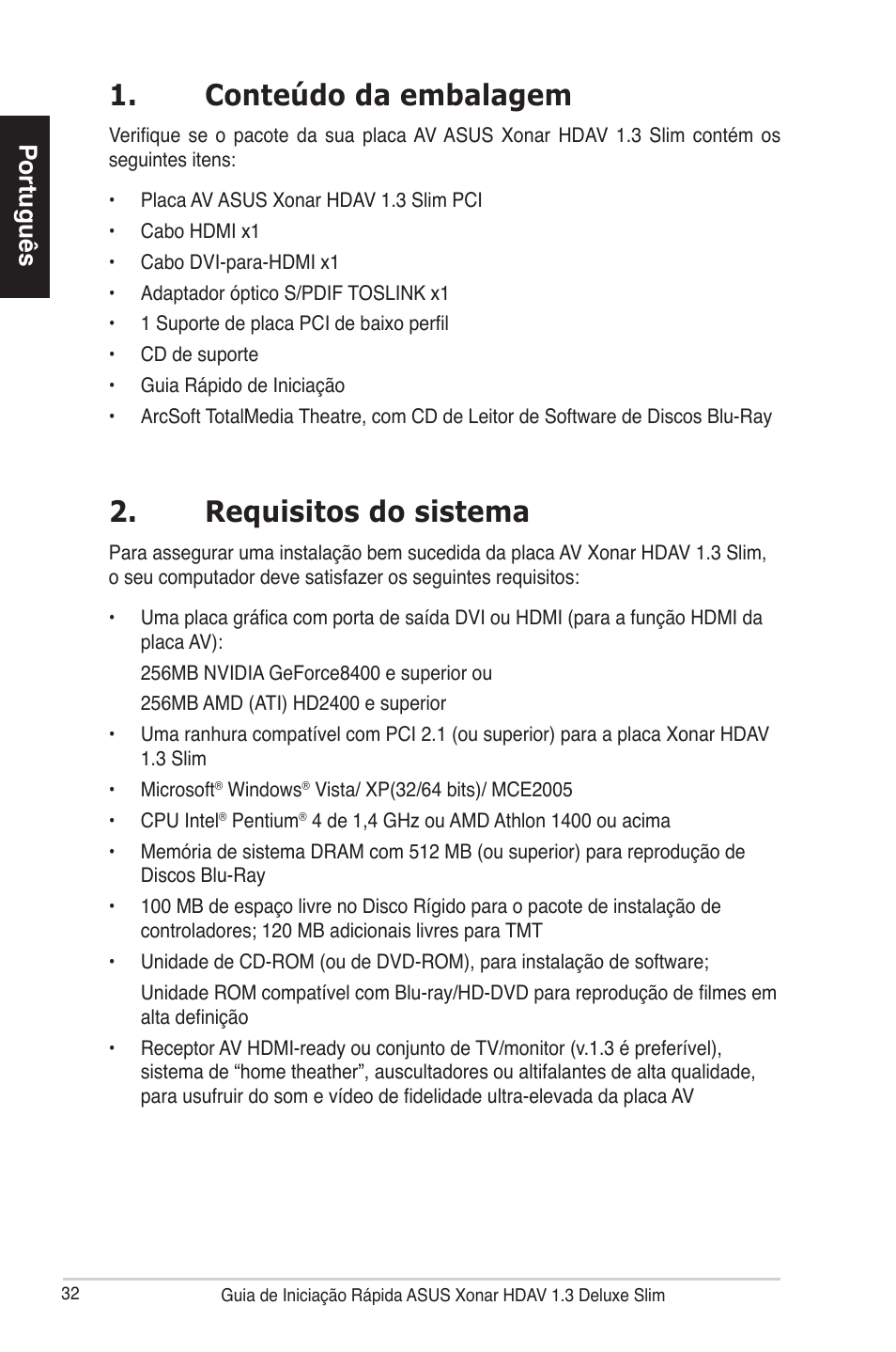 Conteúdo da embalagem, Requisitos do sistema, Português | Asus Xonar HDAV1.3 Slim User Manual | Page 33 / 43