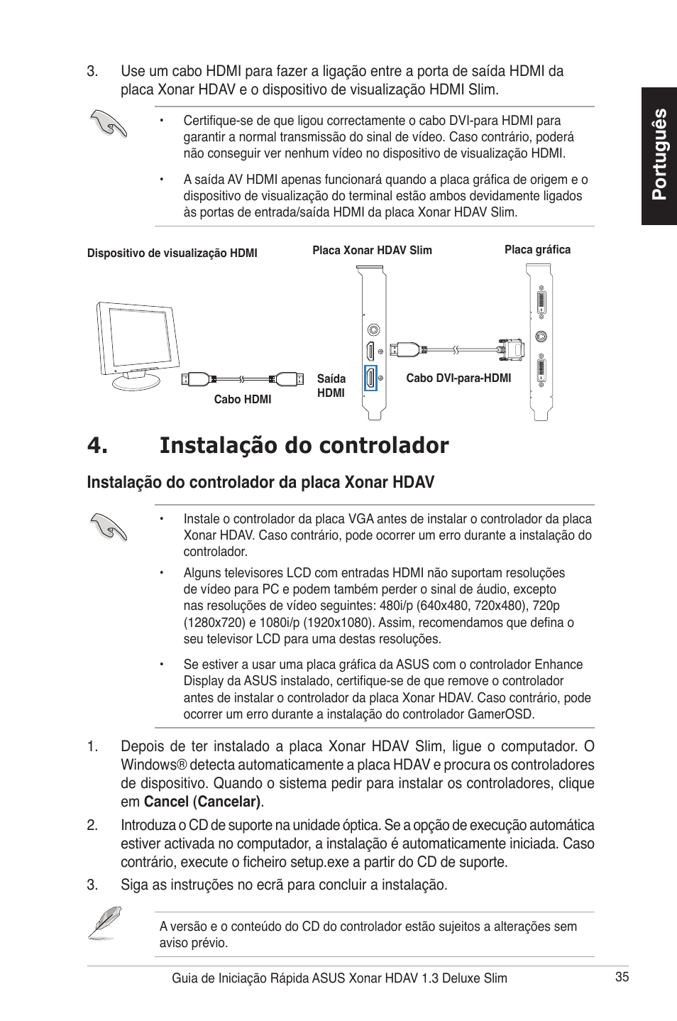 Instalação do controlador, Português, Instalação do controlador da placa xonar hdav | Asus Xonar HDAV1.3 Slim User Manual | Page 36 / 43