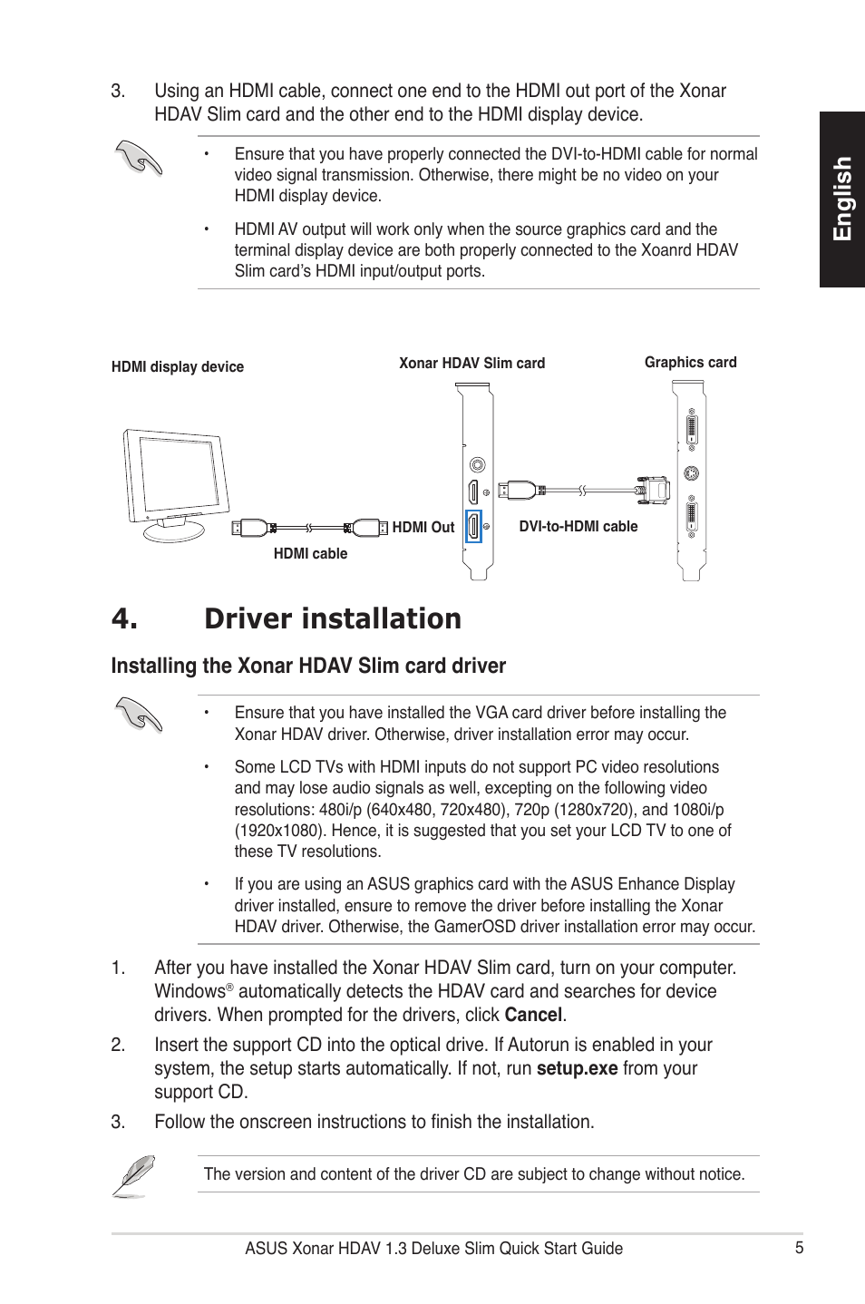 Driver installation, English, Installing the xonar hdav slim card driver | Asus Xonar HDAV1.3 Slim User Manual | Page 6 / 43