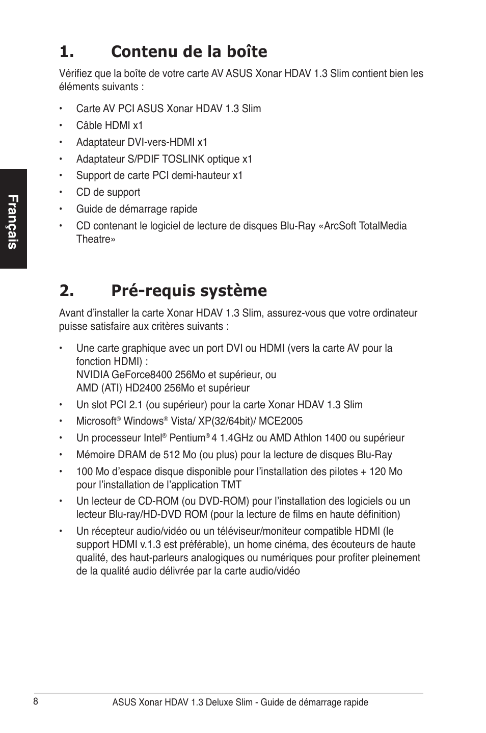 Contenu de la boîte, Pré-requis système, Français | Asus Xonar HDAV1.3 Slim User Manual | Page 9 / 43