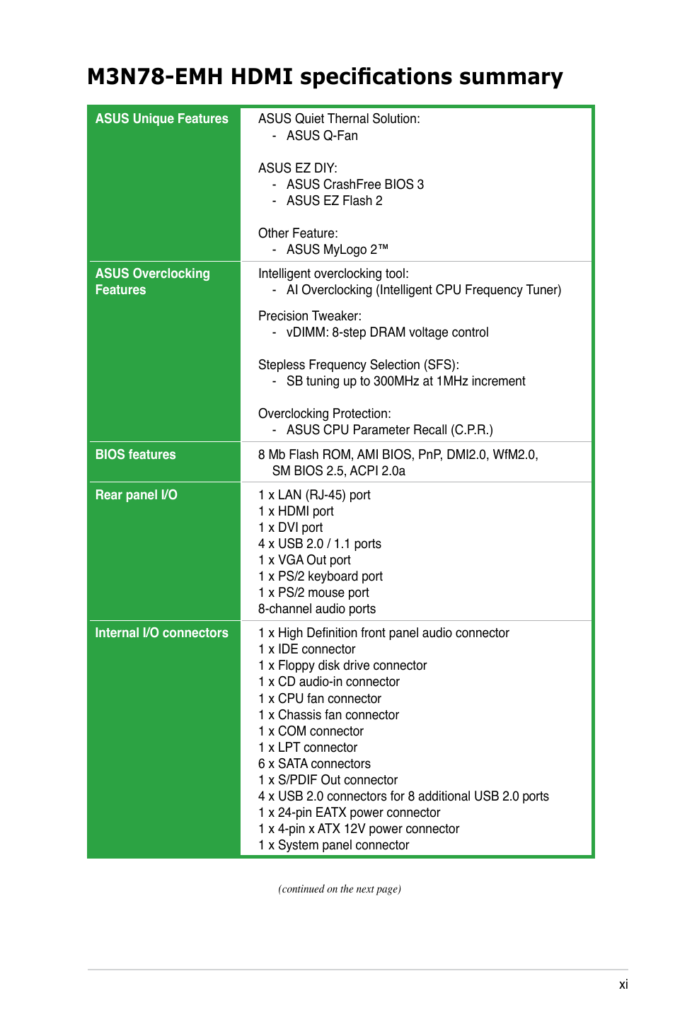 M3n78-emh hdmi specifications summary | Asus M3N78-EMH HDMI User Manual | Page 11 / 96