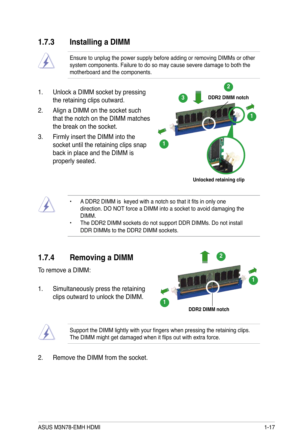 3 installing a dimm, 4 removing a dimm | Asus M3N78-EMH HDMI User Manual | Page 29 / 96