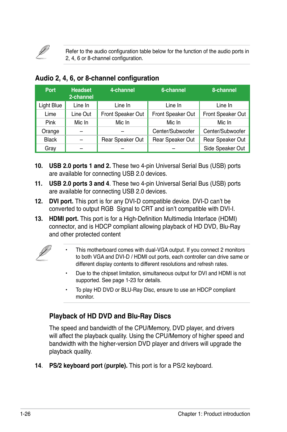 Playback of hd dvd and blu-ray discs, Audio 2, 4, 6, or 8-channel configuration | Asus M3N78-EMH HDMI User Manual | Page 38 / 96