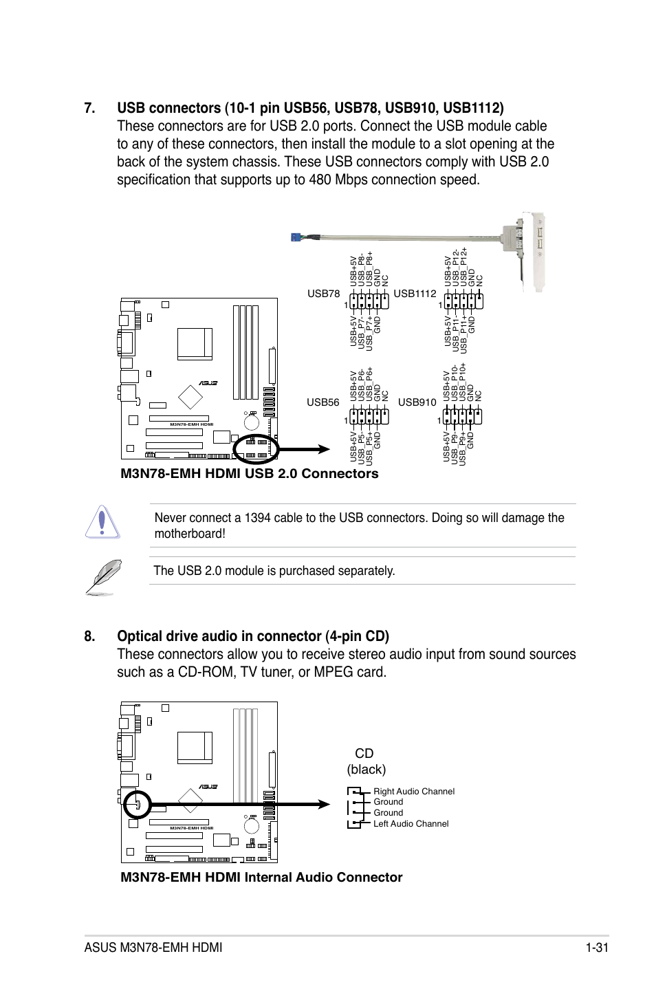 The usb 2.0 module is purchased separately, M3n78-emh hdmi internal audio connector cd (black) | Asus M3N78-EMH HDMI User Manual | Page 43 / 96