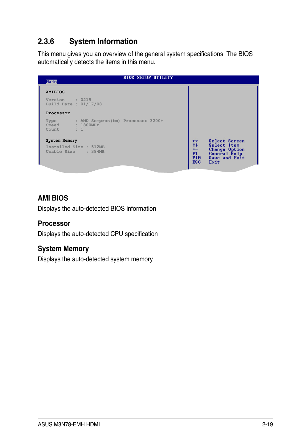 6 system information, Ami bios, Processor | Asus M3N78-EMH HDMI User Manual | Page 65 / 96