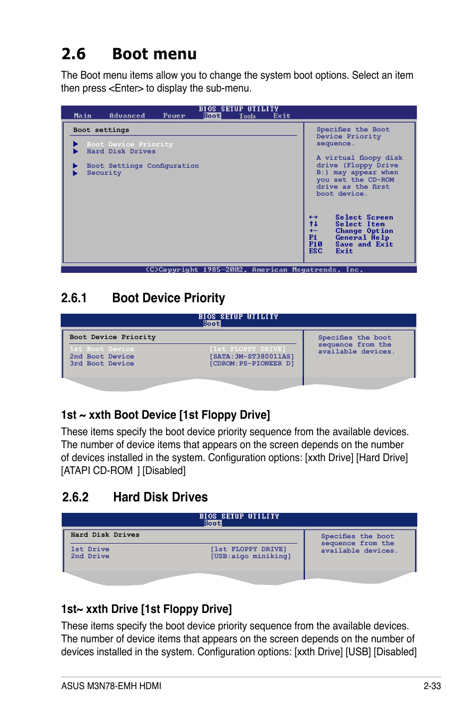 6 boot menu, 1 boot device priority, 2 hard disk drives | 1st ~ xxth boot device [1st floppy drive, 1st~ xxth drive [1st floppy drive, Disabled | Asus M3N78-EMH HDMI User Manual | Page 79 / 96