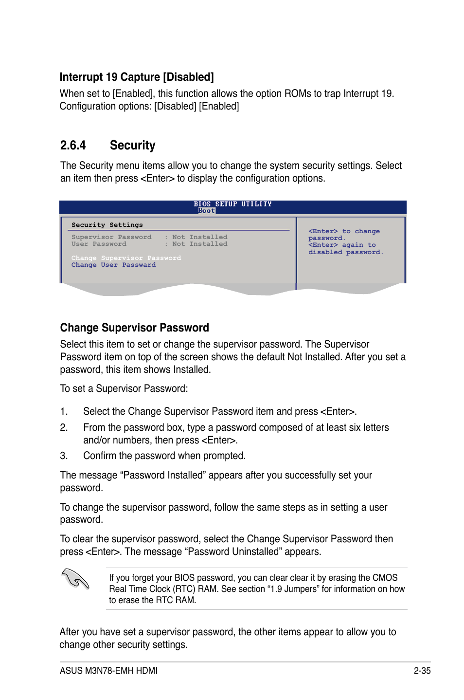 4 security, Interrupt 19 capture [disabled, Change supervisor password | Asus M3N78-EMH HDMI User Manual | Page 81 / 96
