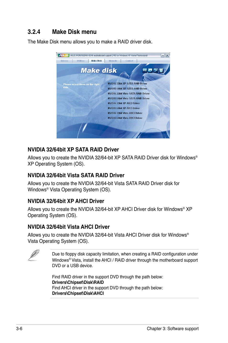 4 make disk menu, Nvidia 32/64bit xp sata raid driver, Nvidia 32/64bit vista sata raid driver | Nvidia 32/64bit xp ahci driver, Nvidia 32/64bit vista ahci driver | Asus M3N78-EMH HDMI User Manual | Page 90 / 96