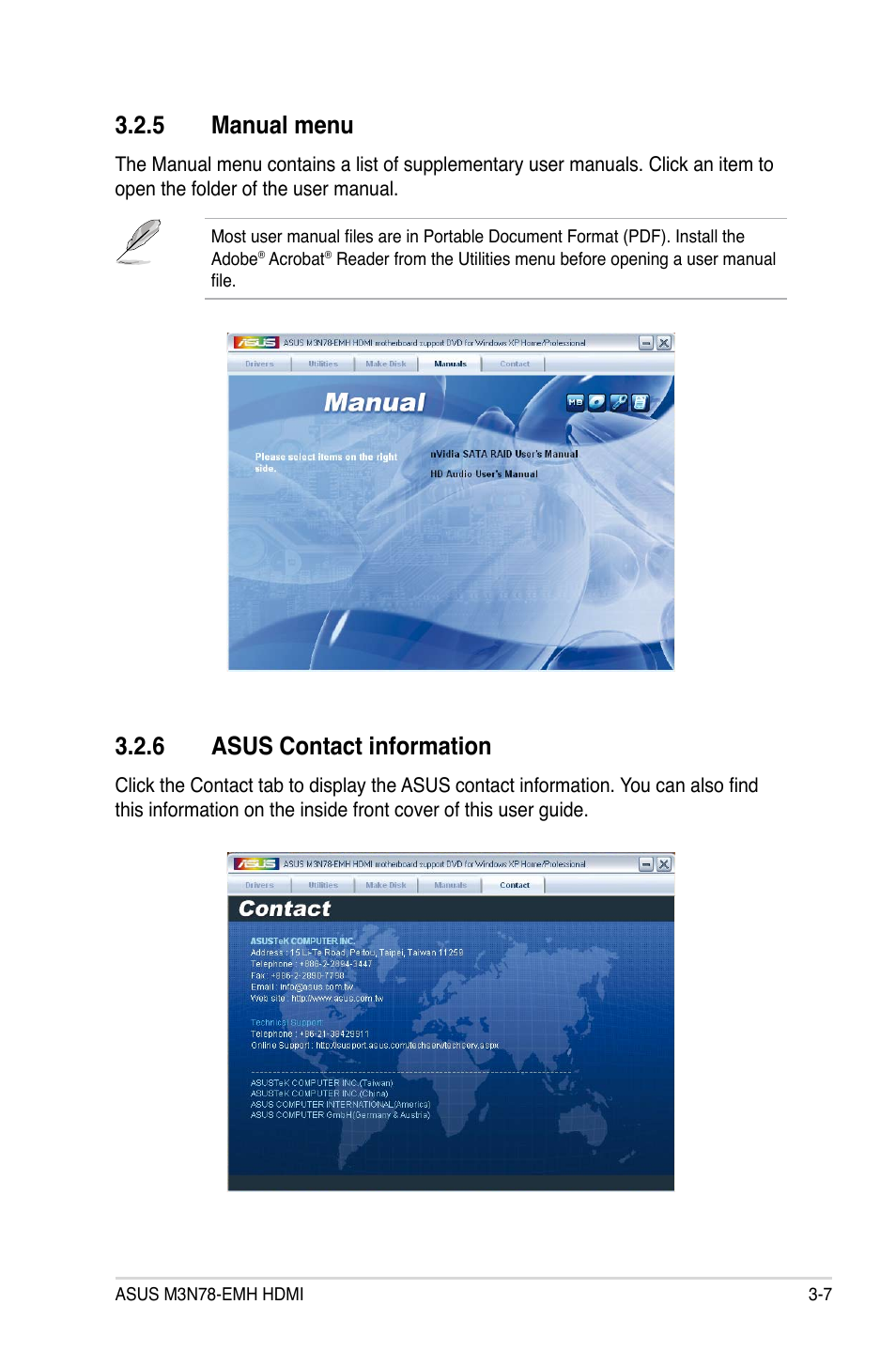 5 manual menu, 6 asus contact information | Asus M3N78-EMH HDMI User Manual | Page 91 / 96