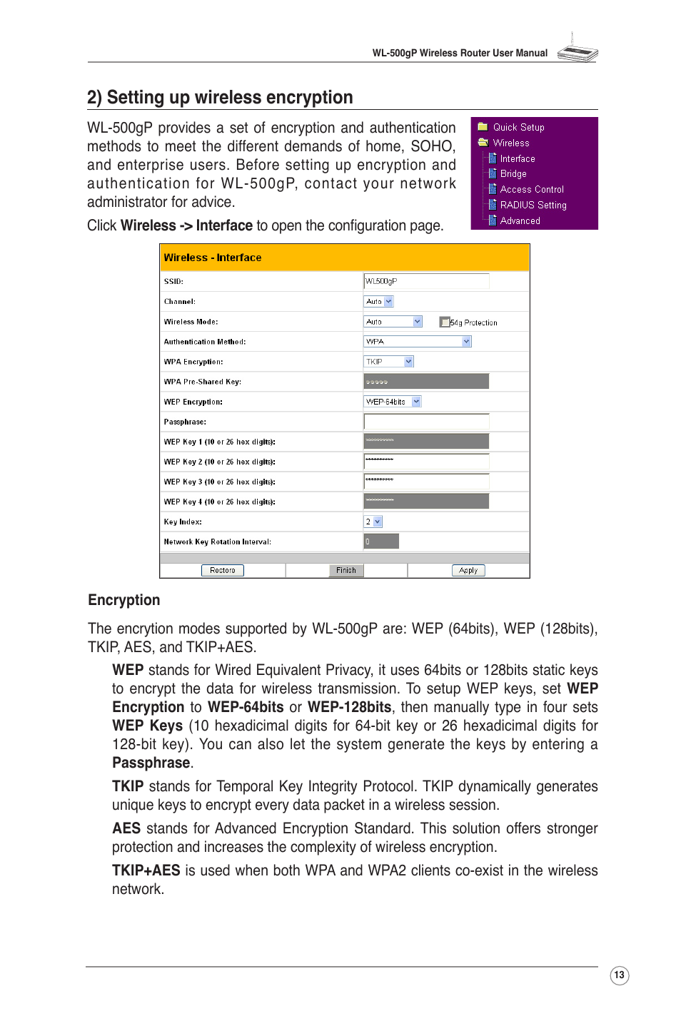 2) setting up wireless encryption | Asus WL-500gP User Manual | Page 15 / 42