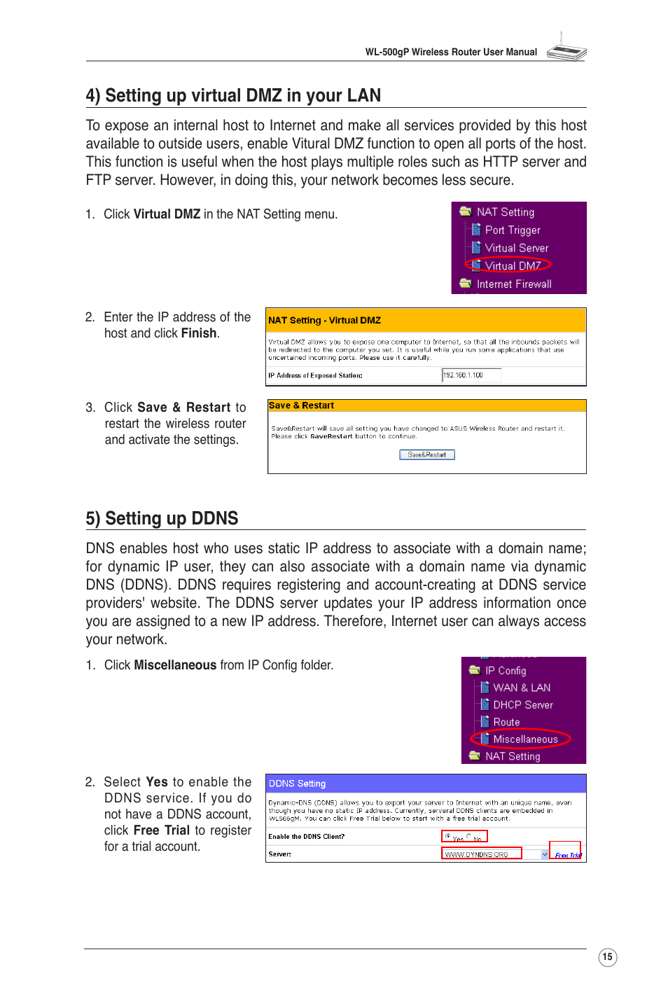 5) setting up ddns, 4) setting up virtual dmz in your lan | Asus WL-500gP User Manual | Page 17 / 42