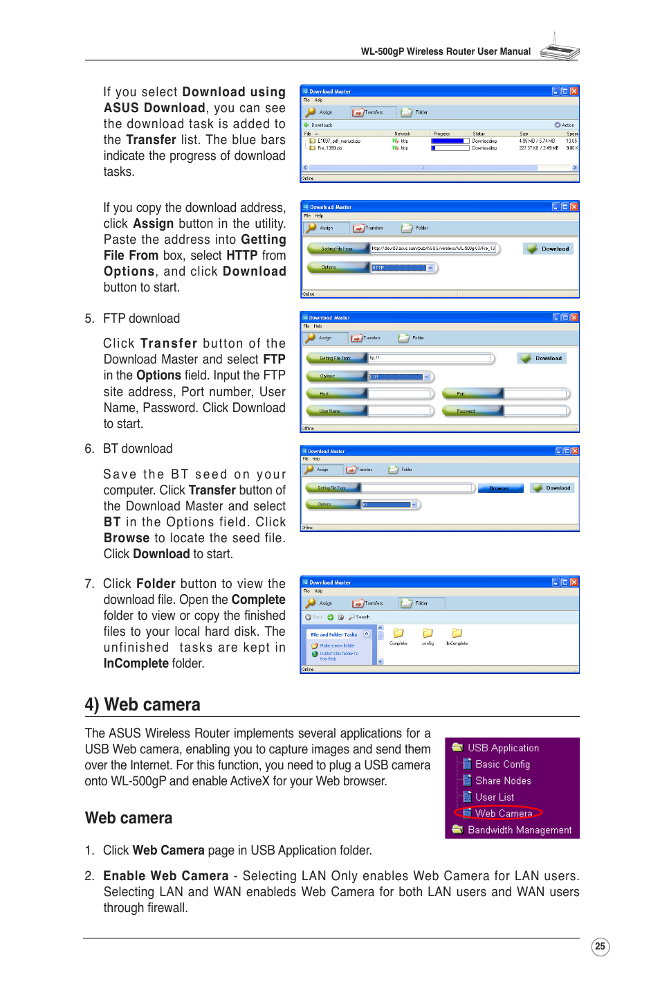 4) web camera, Web camera | Asus WL-500gP User Manual | Page 27 / 42