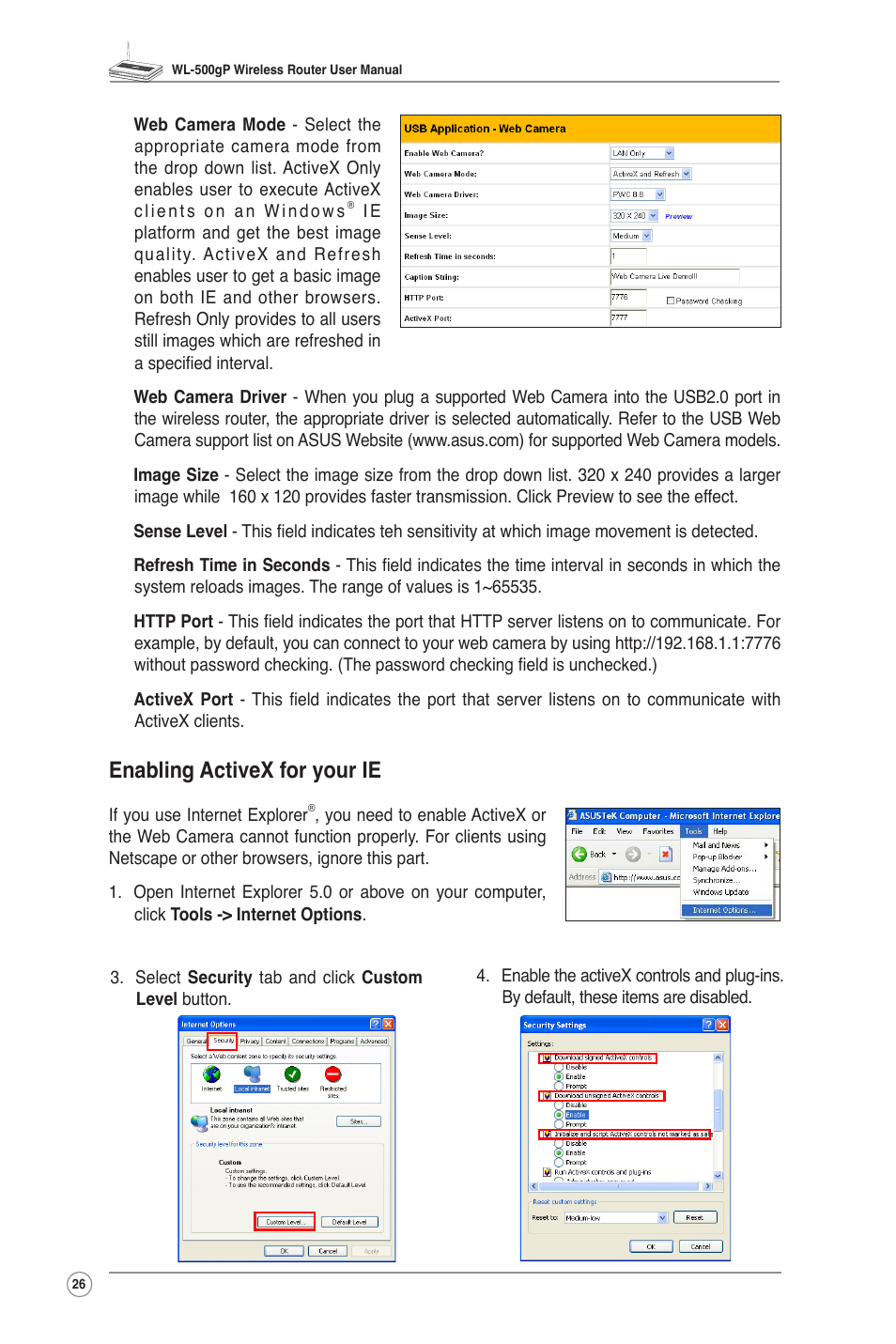 Enabling activex for your ie | Asus WL-500gP User Manual | Page 28 / 42