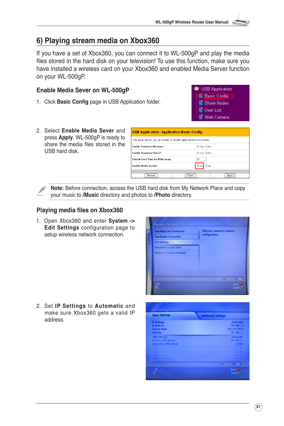 6) playing stream media on xbox360 | Asus WL-500gP User Manual | Page 33 / 42