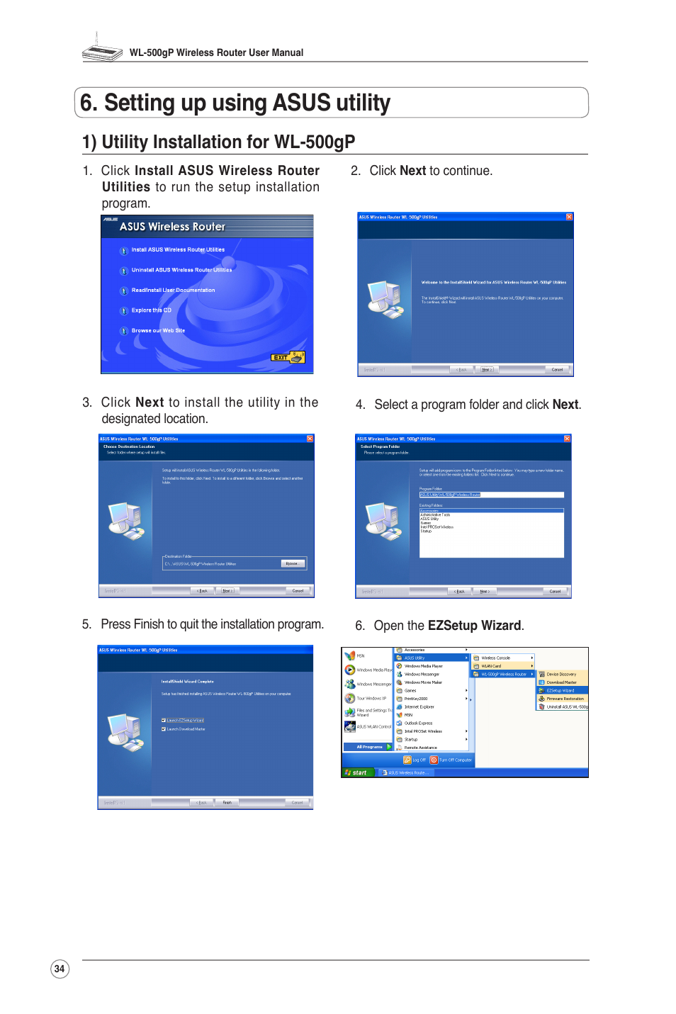 Setting up using asus utility, 1) utility installation for wl-500gp | Asus WL-500gP User Manual | Page 36 / 42