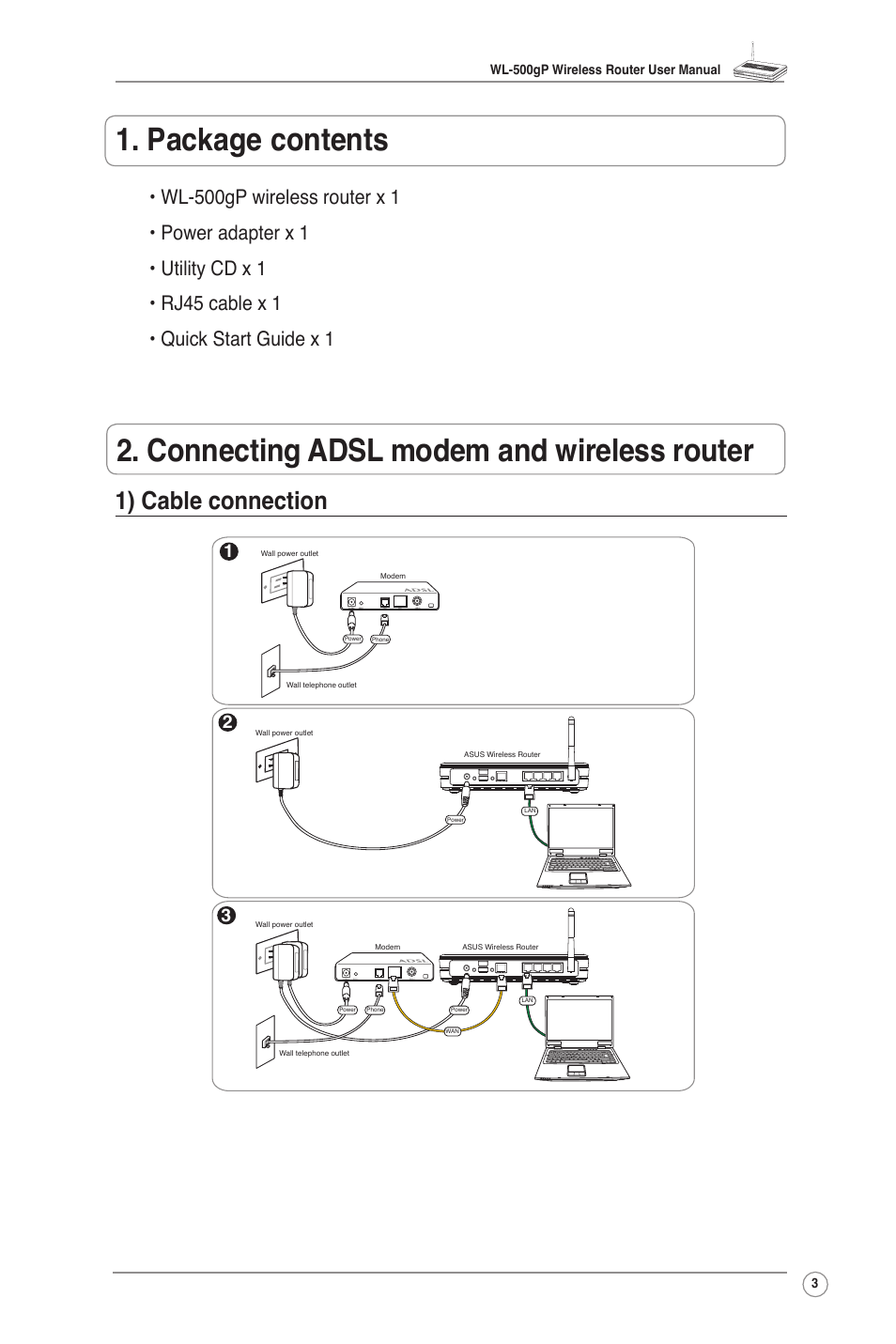 1) cable connection | Asus WL-500gP User Manual | Page 5 / 42