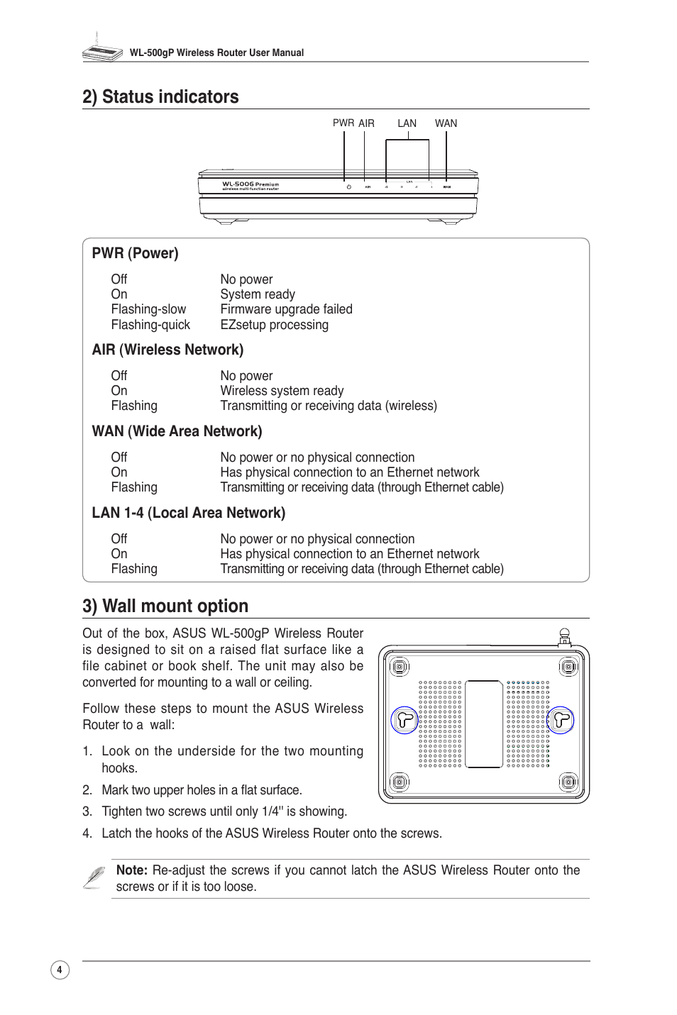 2) status indicators 3) wall mount option, 2) status indicators, 3) wall mount option | Asus WL-500gP User Manual | Page 6 / 42