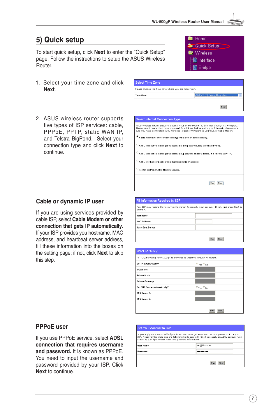 5) quick setup | Asus WL-500gP User Manual | Page 9 / 42