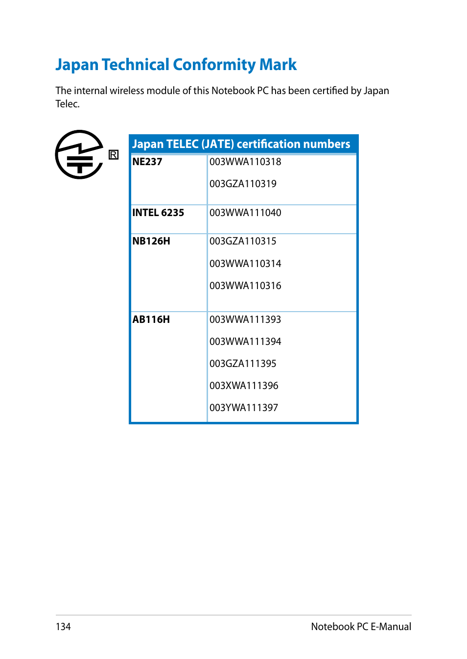 Japan technical conformity mark | Asus R750JV User Manual | Page 134 / 136