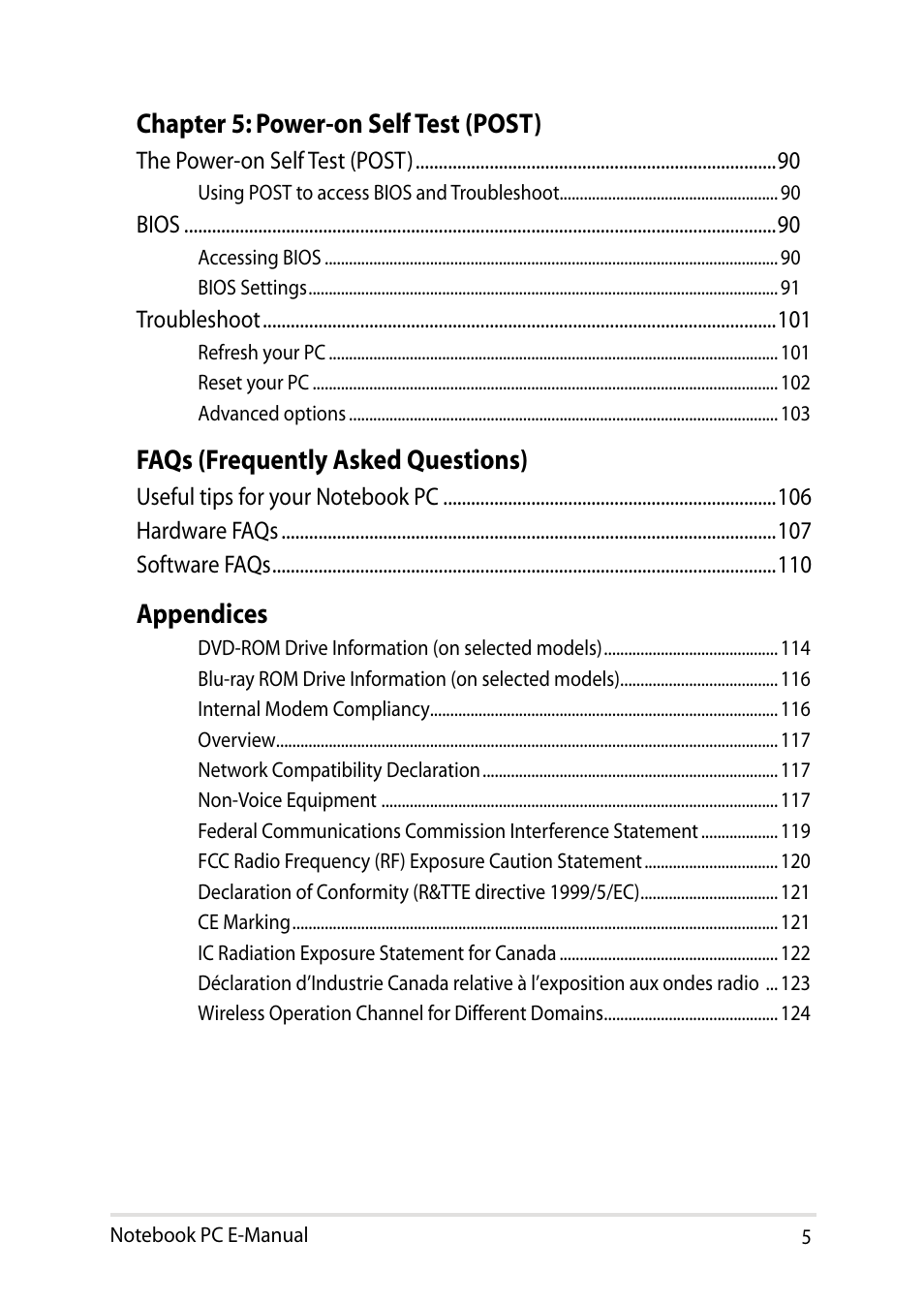 Chapter 5: power-on self test (post), Faqs (frequently asked questions), Appendices | Asus R750JV User Manual | Page 5 / 136