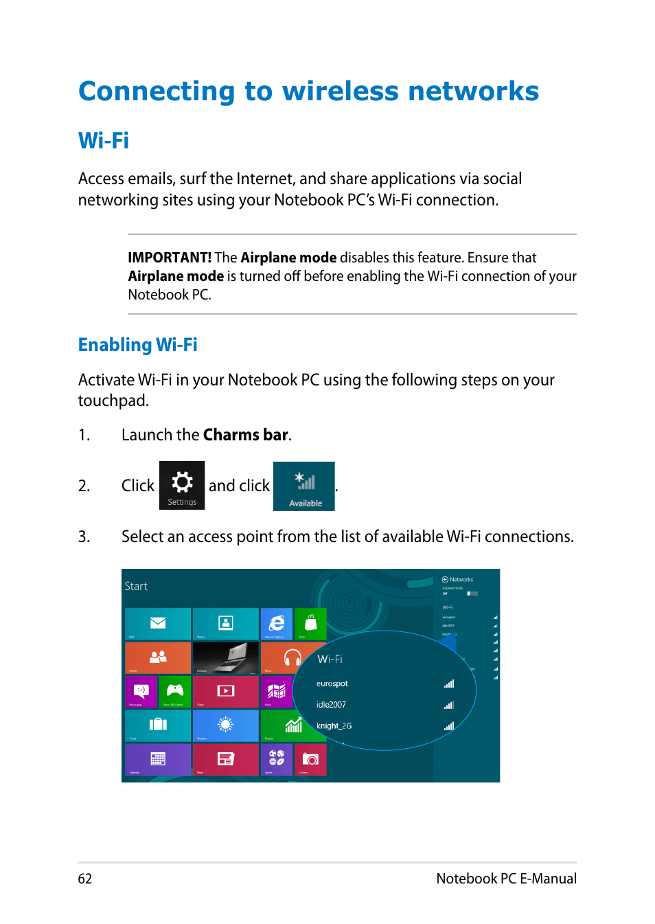 Connecting to wireless networks, Wi-fi | Asus R750JV User Manual | Page 62 / 136