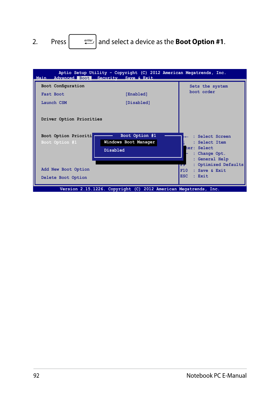 Press and select a device as the boot option #1 | Asus R750JV User Manual | Page 92 / 136