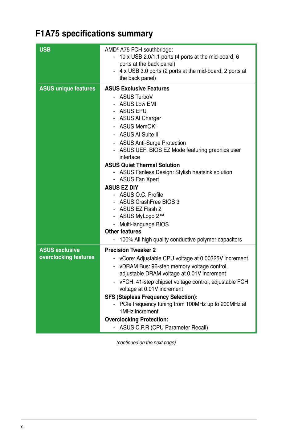 F1a75 specifications summary | Asus F1A75 User Manual | Page 10 / 70