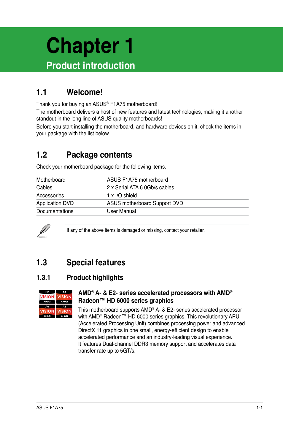 Chapter 1, Product introduction, 1 welcome | 2 package contents, 3 special features, 1 product highlights, Welcome! -1, Package contents -1, Special features -1 1.3.1, Product highlights -1 | Asus F1A75 User Manual | Page 13 / 70
